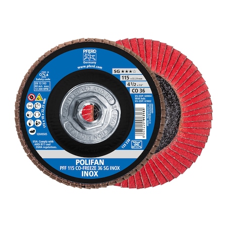 4-1/2 X 5/8-11 Thd. POLIFAN Flap Disc - CO-FREEZE SG INOX, Ceramic Oxide, 36 Grit, Flat 10PK